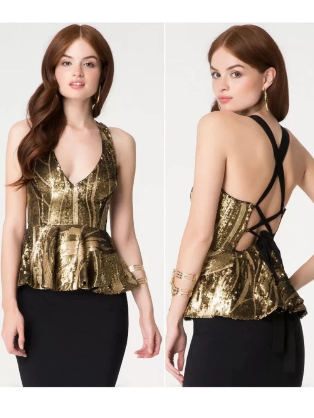 NWT Bebe black gold sequin peplum lace up party top